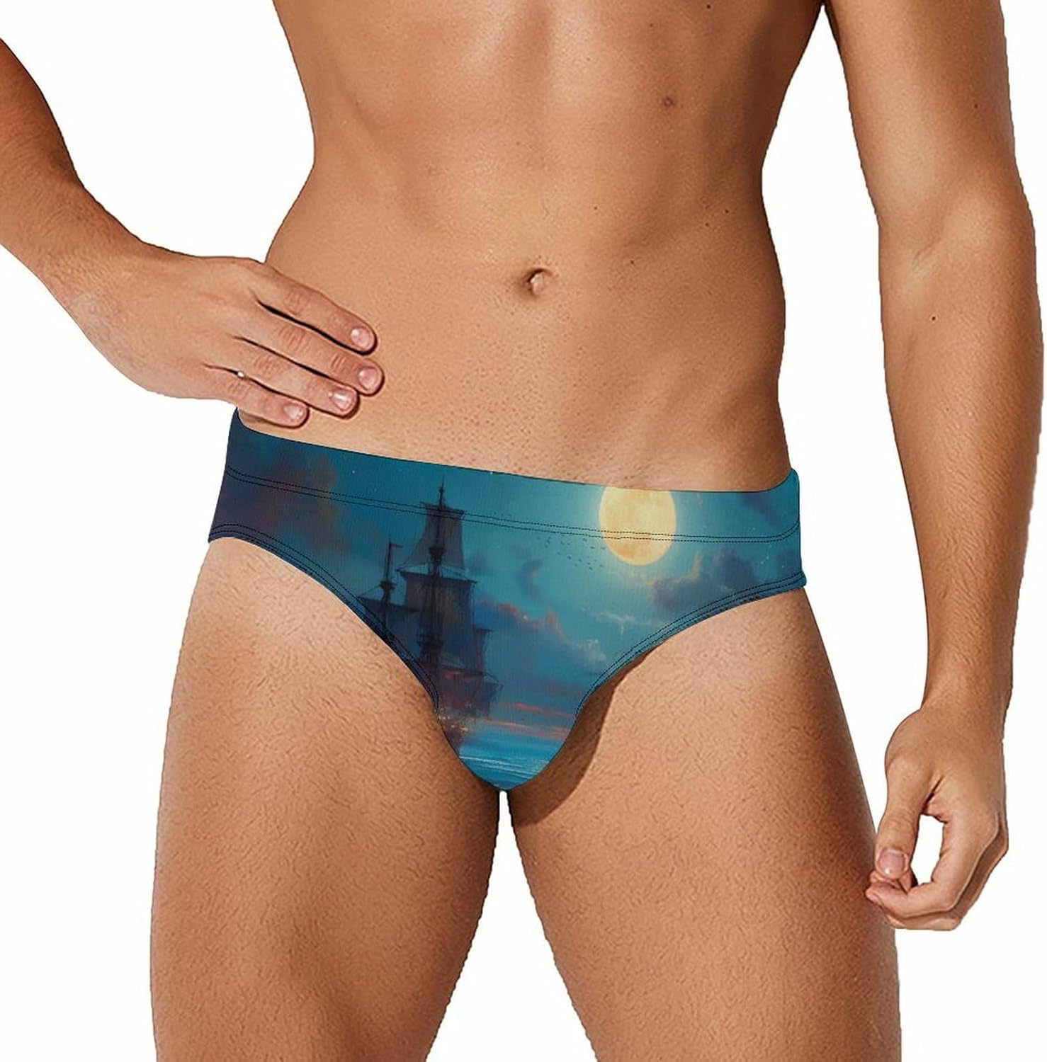 Pirateship Print Men's Swimsuit Brief Sexy Bikini Briefs Retro Printed Swimwear Quick Dry Swimming Trunks 3X-Large