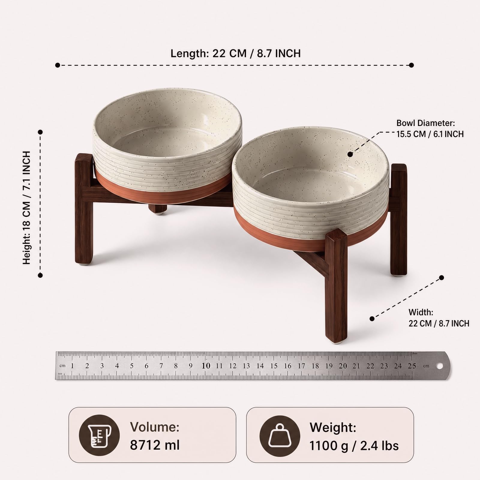 Gamelle surélevée en céramique pour chien avec support en bois d'acacia, diamètre 15,5 cm, 2 hauteurs, double gamelle en céramique pour chat et chien