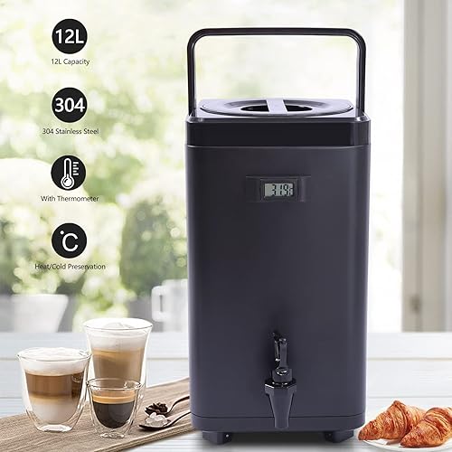 Miniatura 6 de Dispensador de bebidas aislado, dispensador de bebidas calientes de acero inoxidable de 3.17 galones con termómetro, dispensador de bebidas frías y