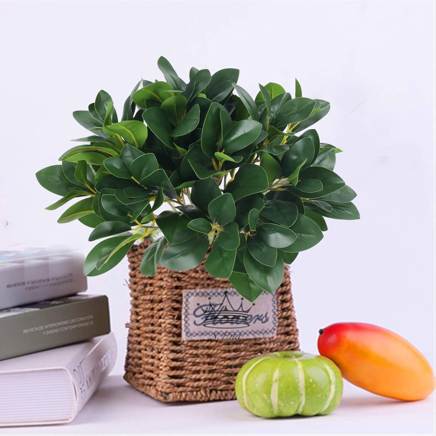Dekorly 2Pcs Artificial Shrubs Plants Fake Eucalyptus Leaves Stems Faux Greenery Branches for Garden Window Box Home Wedding Courtyard Outdoor Office Kitchen Decoration | Height 32 CM (Green) 3