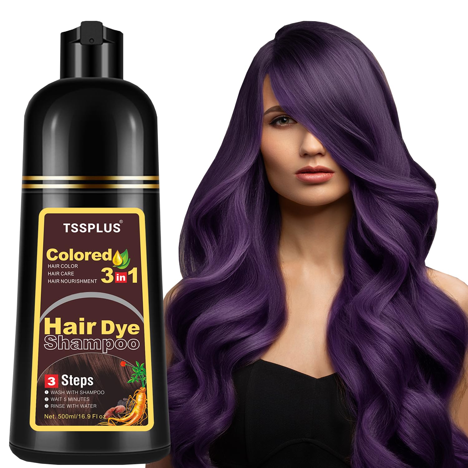 TSSPLUS 500ml Organic Natural Plant Essence Hair Color Shampoo - Instant Coloring for Women and Men, Covers Gray/White Hair (Purple)
