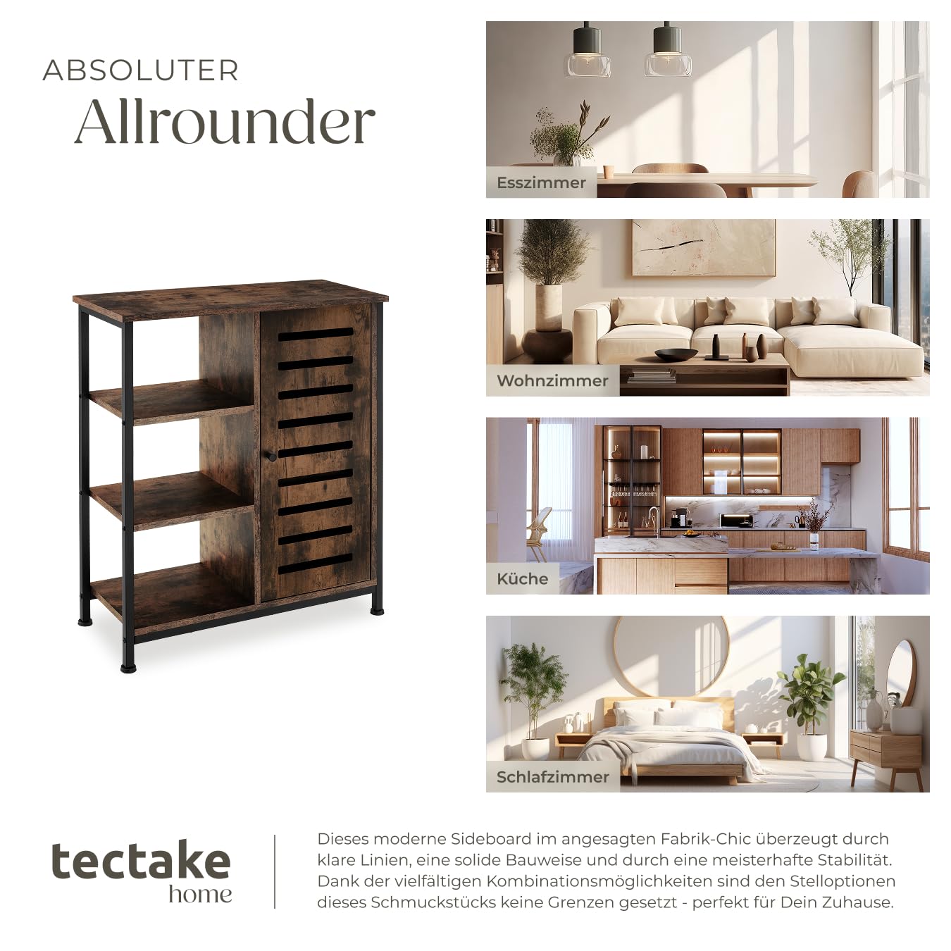 tectake® Industrial Sideboard, Kommode Schlafzimmer mit 3 Fächern und Schrankfach, TV Schrank 71 x 32 x 82 cm, Flur Möbel, Wohnzimmerschrank, Cabinet (Tür rechts, Industrial Dunkelbraun)