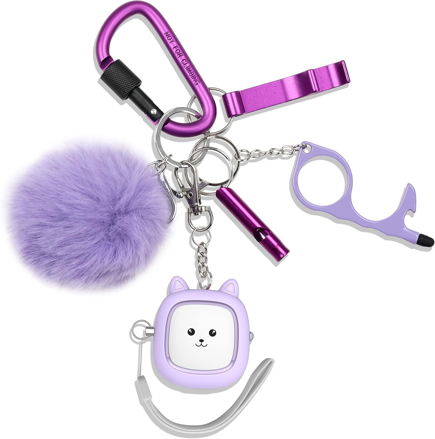 Keychain Set for Ladies with Private Alarm, Keychain Equipment with Private Sound Siren, Cute Pom Pom, Locking Carabiner Clip and Whistle