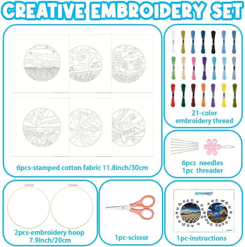 ACRNIGHEET 6Pcs Embroidery Kit for Beginners Adults, Complete Cross Stitch Kits, Landscape Embroidery Kit for Home Decor and DIY Craft Projects, Great Gift for Embroidery Lovers