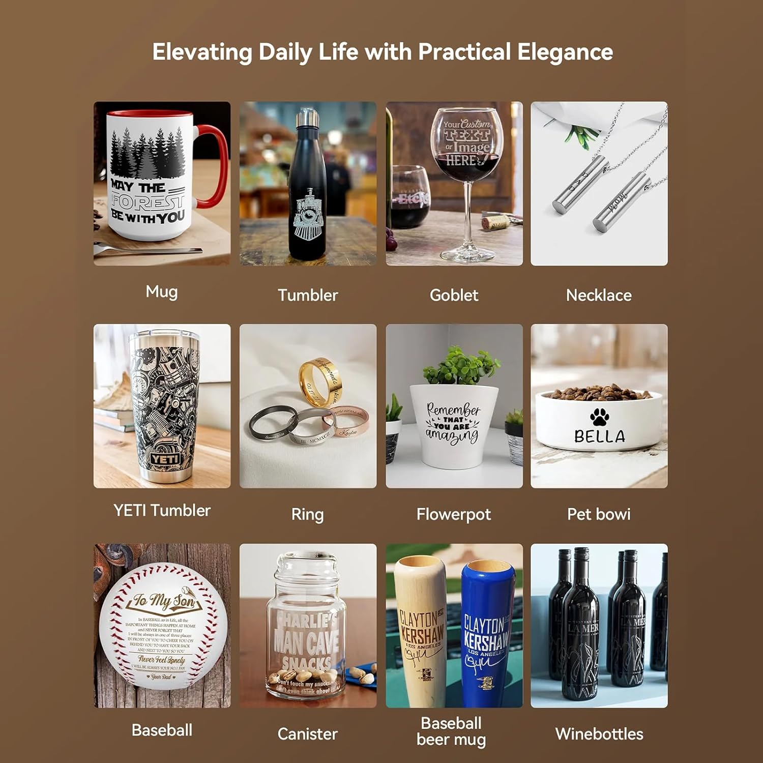 Examples of items engraved using the ATOMSTACK R8 PRO