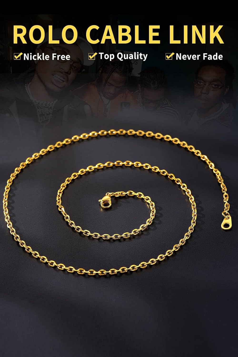 ChainsHouse Stainless Steel Cable Chain Necklaces for Men Women, 3mm/5mm/7mm/9mm/12mm 18K Gold/Black Plated Mens Cable Link Chains, 18"-30" Length - Send Gift Box