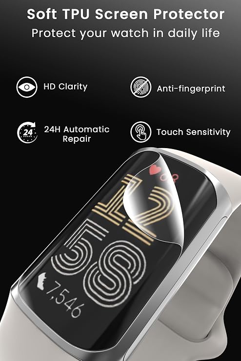 8 Pack Screen Protector for Fitbit Charge 6 / Charge 5 Smartwatch, Self-Healing Flexible TPU Film, Anti-Scratch HD Clear Soft Screen Protective Film