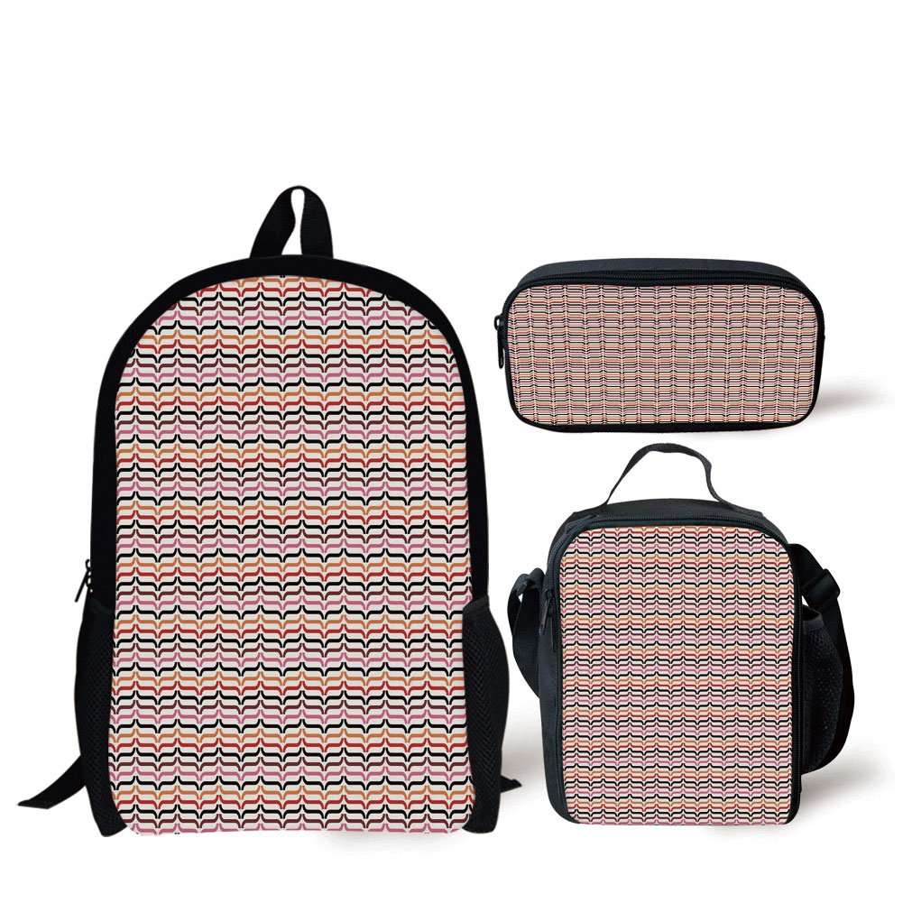 School Lunch Pen Bags,Retro,Optical Illusion Inspired Old Fashion Style Horizontal Pattern Cut Shapes Color Print,Multicolor,Personalized Print