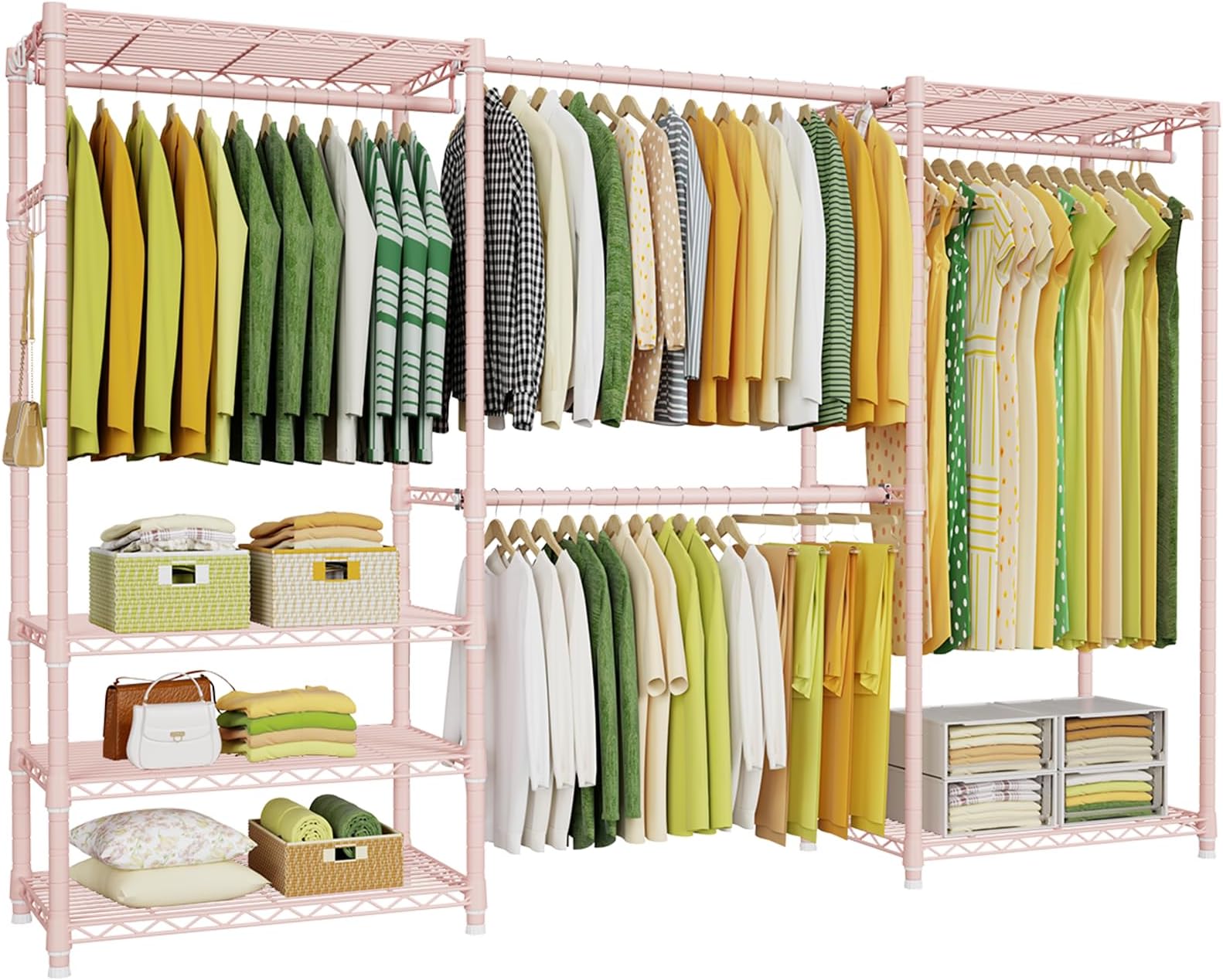 Ulif E1 Heavy Duty Closet Garment Rack, 6 Tiers Adjustable Metal Freestanding Expandable Clothing Storage with 4 Hanger Rods, Easy to Assemble Wardrobe, 71.4" H x (70" - 88.2") L x 14" D, Pink