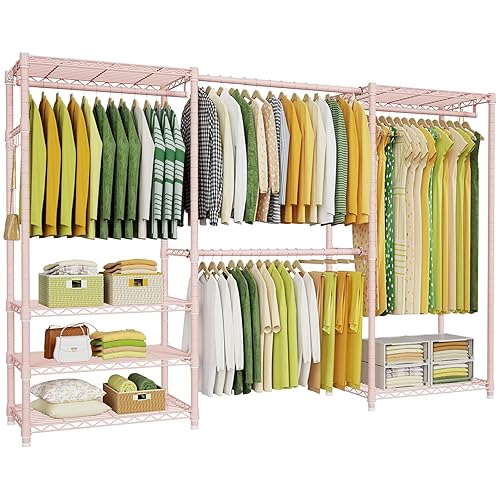 Ulif E1 Heavy Duty Closet Garment Rack, 6 Tiers Adjustable Metal Freestanding Expandable Clothing Storage with 4 Hanger Rods, Easy to Assemble Wardrobe, 71.4" H x (70" - 88.2") L x 14" D, Pink - Pink
