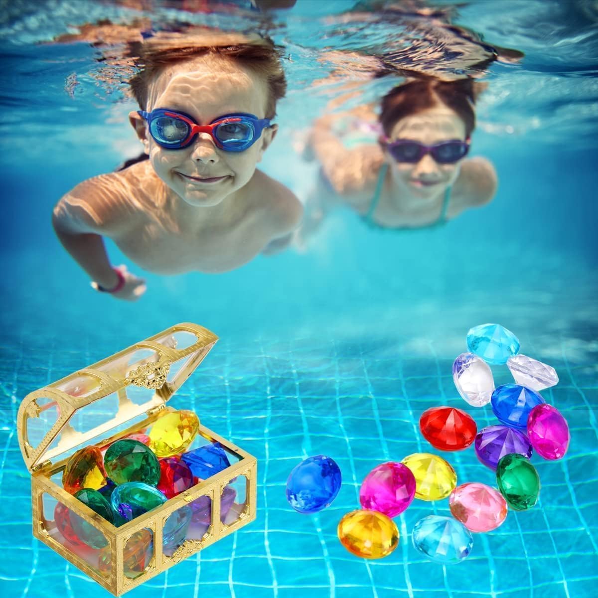 TUBAWD 59PCS Diving Gemstone, 58 Big Colorful Diamond with Pirate Treasure Chest Box, Swimming Pool Gemstone Swimming Training Gift - Image 3
