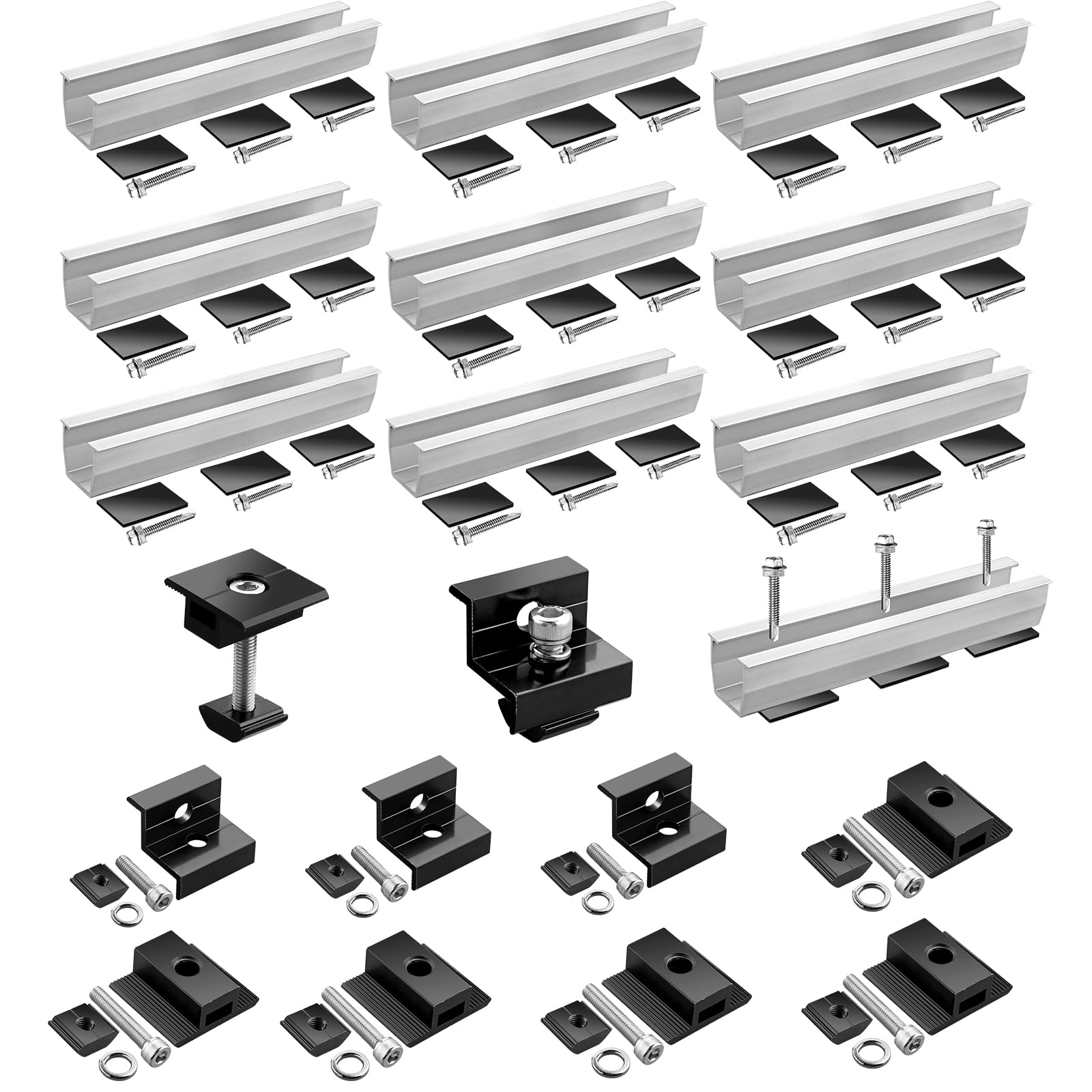 GETLITOOL Solarmodul Halterung Montageset, 20cm Alu Schienen & Schwarz Eloxiert 30-35mm Solar Halterung für 4 Solarmodule, Solarpanel Halterung Set für Flachdach Trapezdachmontage