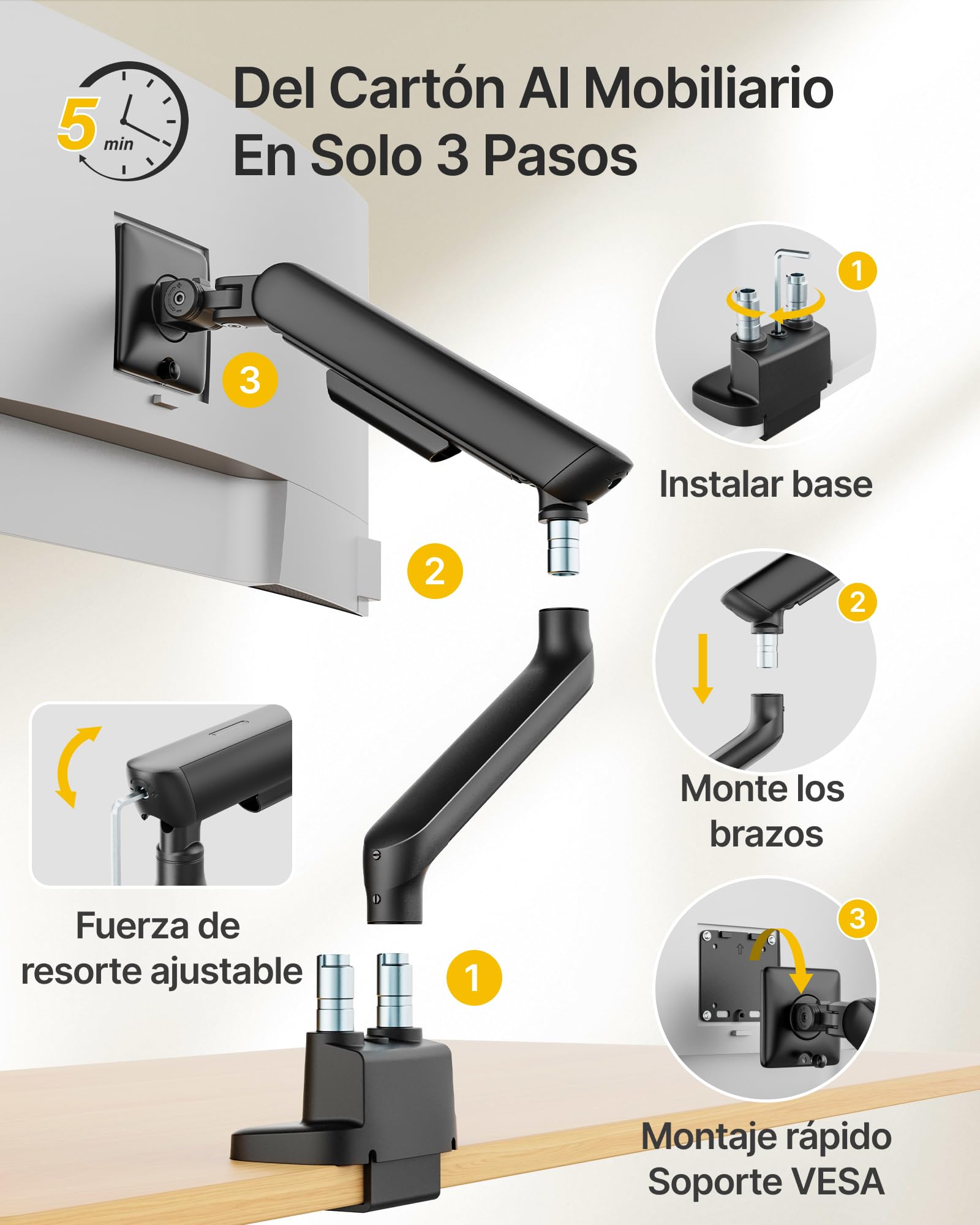 monTEK Brazo Monitor Doble 17-35", Soporte Escritorio con Resorte | Mecánico Resistente, Máx 12kg por Brazo, VESA 75/100mm, Ajustable, Giratorio e Inclinable, Montaje Pinza y Ojal