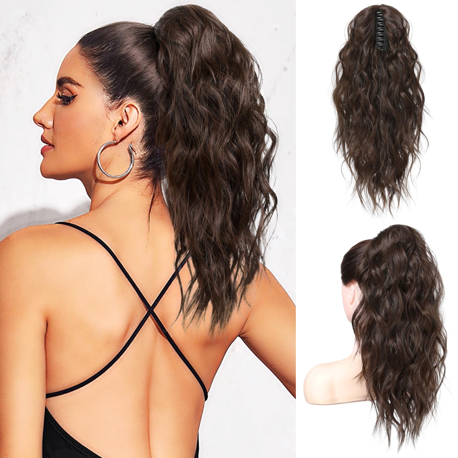 FLUFYMOOZ Ponytail Extension, 18 Inch Claw Clip Ponytail Extension, Wavy Curly Claw Clip in Ponytail Hair Extensions