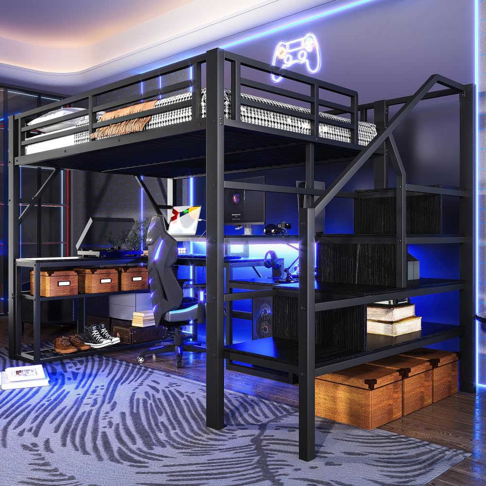 Sapgaks Lit Mezzanine 1 Place Enfant 140 x 200 cm avec éclairage LED et Port USB,lit Mezzanine avec Bureau lit superposé Enfant,lit Mezzanine escalier avec Espace de Rangement,Noir