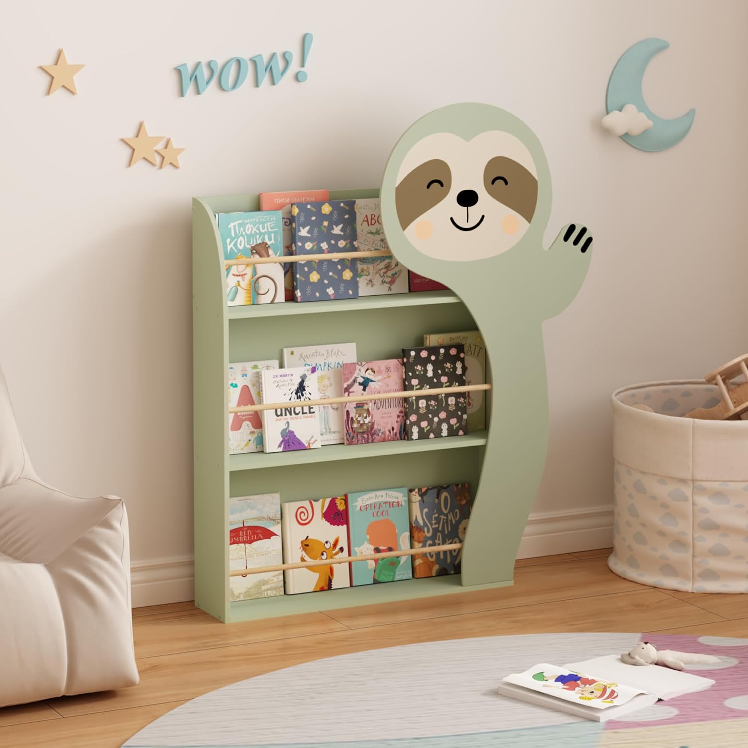 Sloth Kids Bookshelf,Front-Facing Toddler Book Display Rack with 3 Tiers Cute Animal Design Wooden Nursery Bookshelf for Playroom,Bedroom & Reading Corner,Safe & Sturdy Storage Organizer