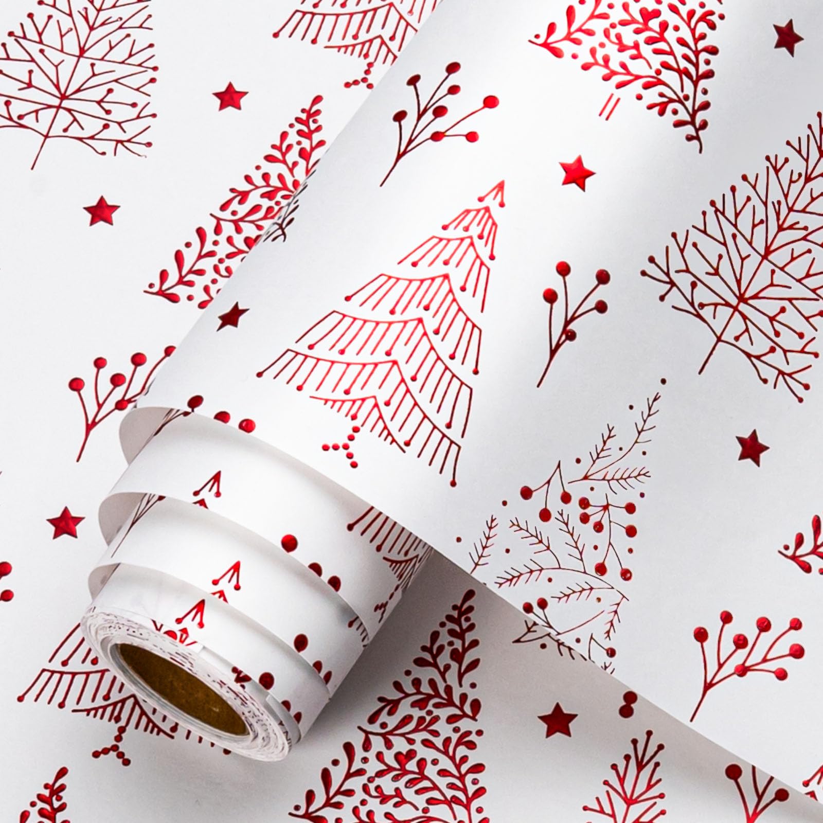 Homeral Christmas Wrapping Paper Roll-46.8 sq.ft.(17in x 33ft) Embossing White with Red Foil Christmas Tree for Winter Holiday - Mini Roll