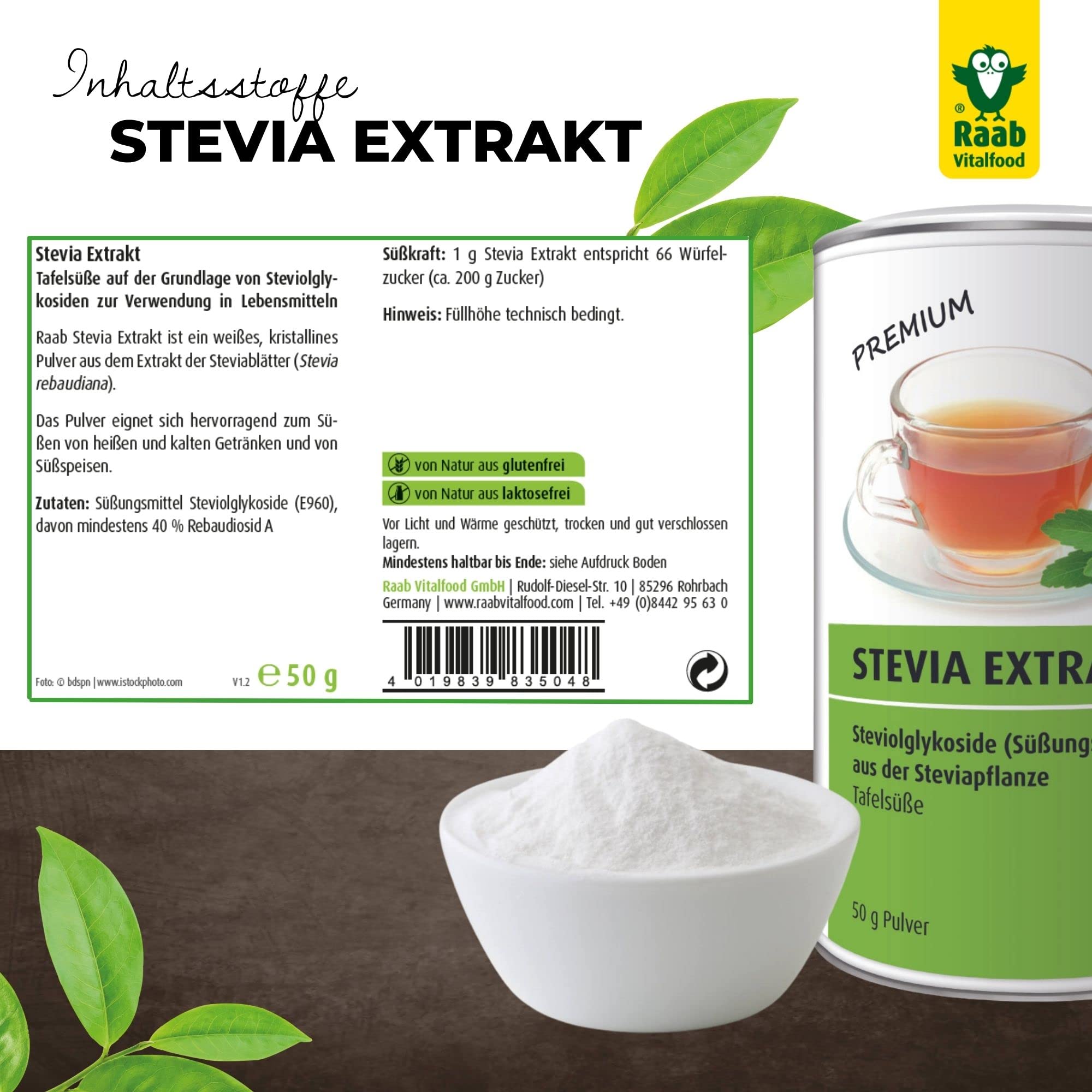 Raab, Dolcificante a base di estratto di stevia in polvere bio, 50g