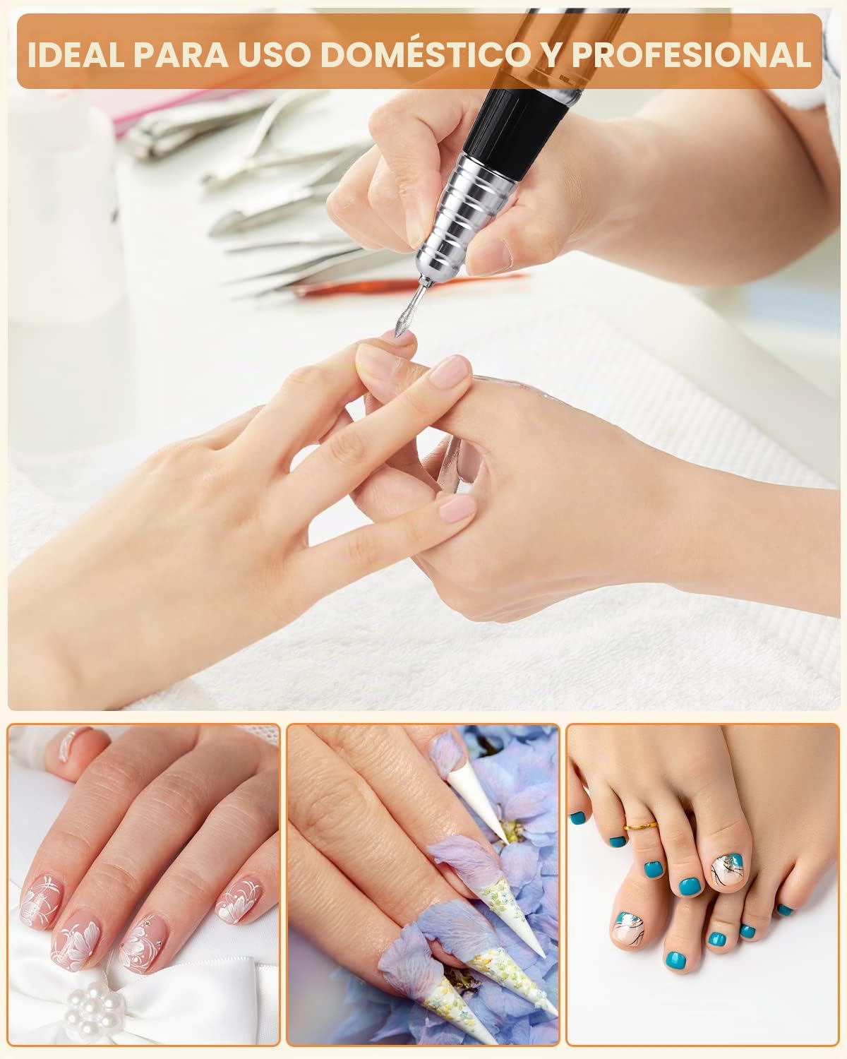 Fresa de uñas 35000 rpm, lima de uñas eléctrica para uñas de gel | manicura, pedicura, juego profesional con disco LED pedal y 6 puntas para el cuidado de uñas, salón de uñas y manicura DIY
