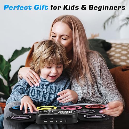 Miniatura 3 de Anpro Juego de batería eléctrica, 9 almohadillas de batería con conector para auriculares, kit de batería electrónica enrollable con pedales de