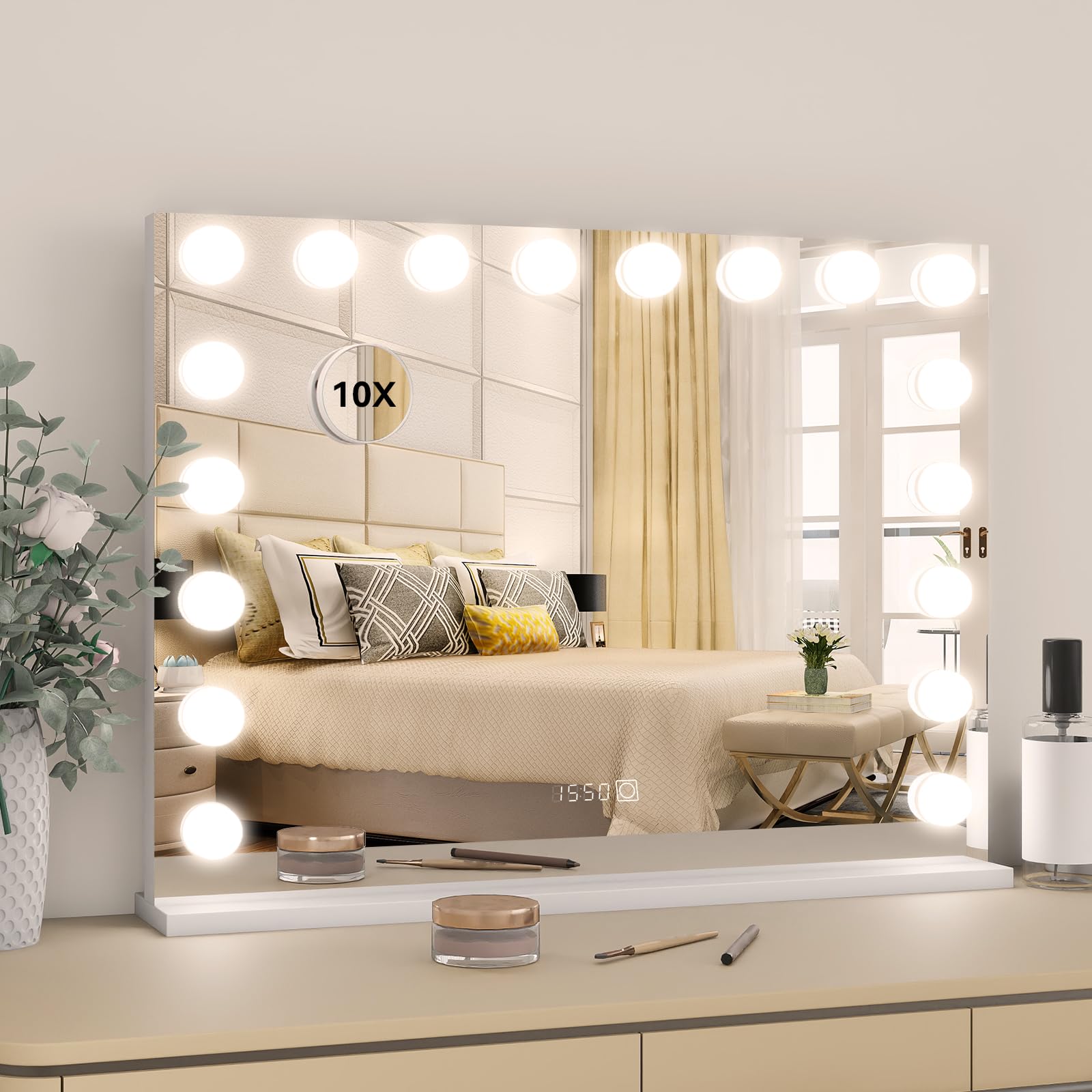 YU YUSING Espejo de Maquillaje Hollywood con 18 Bombillas, 80 x 60 cm, Espejo de Tocador, Pantalla de Tiempo y Temperatura, 3 Colores Regulables, Puerto USB, Tipo C, Aumento de 10x, Montaje en Pared