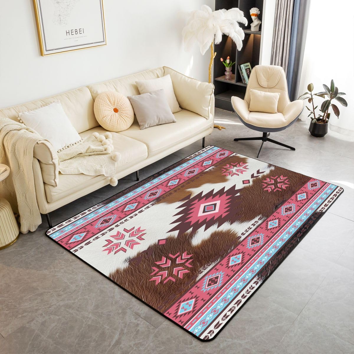 Homewish Zachodni aztecki dywan boho 100 x 150 cm do sypialni - różowy geometryczny dywan do salonu vintage południowo-zachodnia skóra bydlęca nie gubi włosia dywan diamentowy trójkąt duże dywany