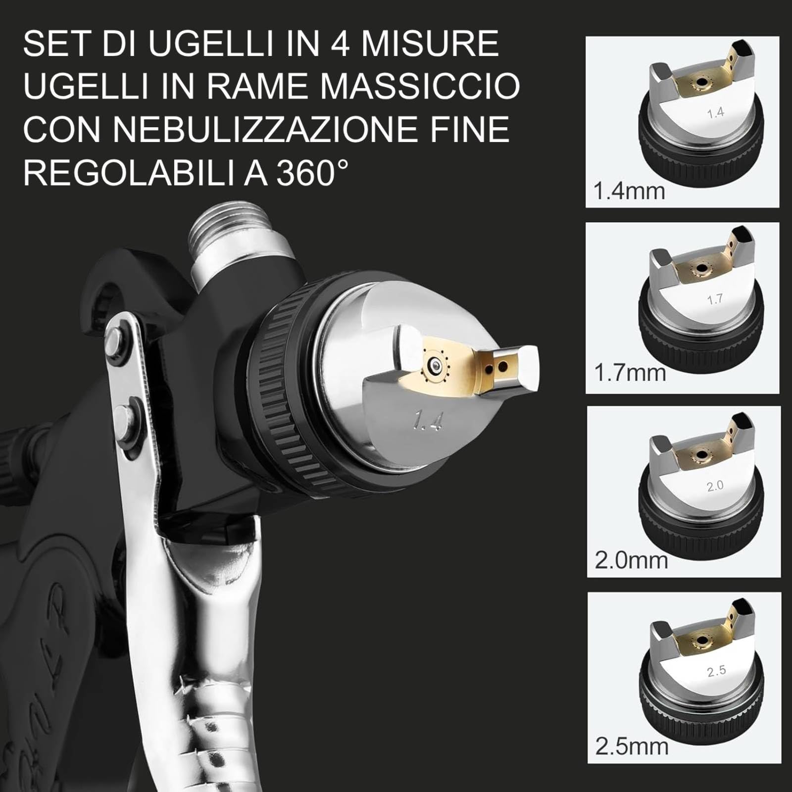 HVLP-Professionelle Druckluft-Lackierpistole, 4 Düsen (1,4/1,7/2,0/2,5 mm), Druckluft-Lackierpistole mit Schwerkraftzufuhr, 10 Einweg-Mischbecher à 650 ml (schwarz)