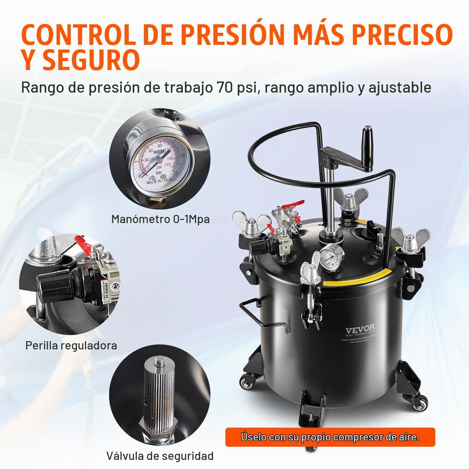 VEVOR Tanque de Presión para Pintura en Aerosol de 20 L de Presión Ajustable de 70 PSI, Tanque de Pintura a Presión con Ruedas y Sellador para Reparación de Fugas para la Decoración del Hogar