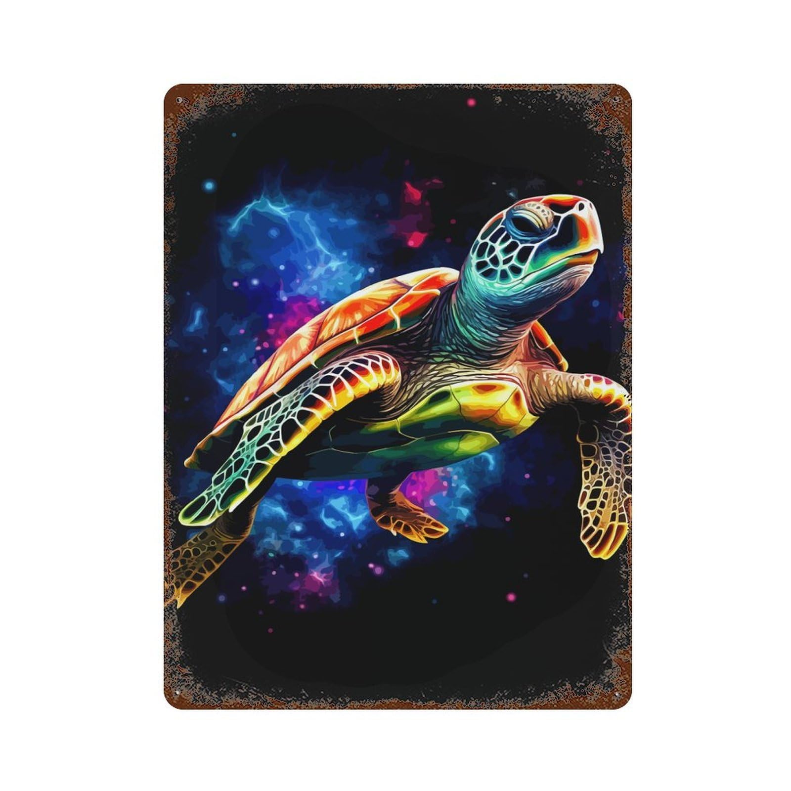 Colorful Sea Turtle in Space Rust Effect Tin Sign 15.7"x11.8", Ideal for Farmhouse, Kitchen And Entryway Decor