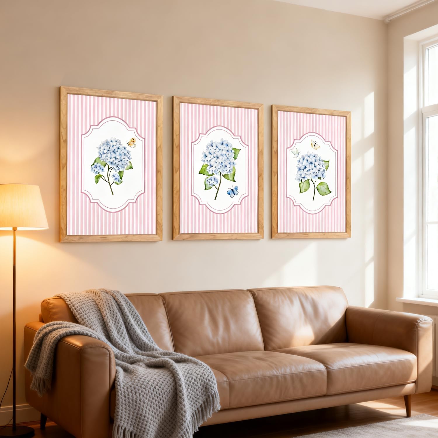 Foutcheou Hydrangea Wall Art 16x11 Inch Pink and Blue Watercolor Floral Botanical Prints Flower Wall Decor Home Watercolor Set of 3 Decorative Nature for Living Room Bedroom Office （Wood）