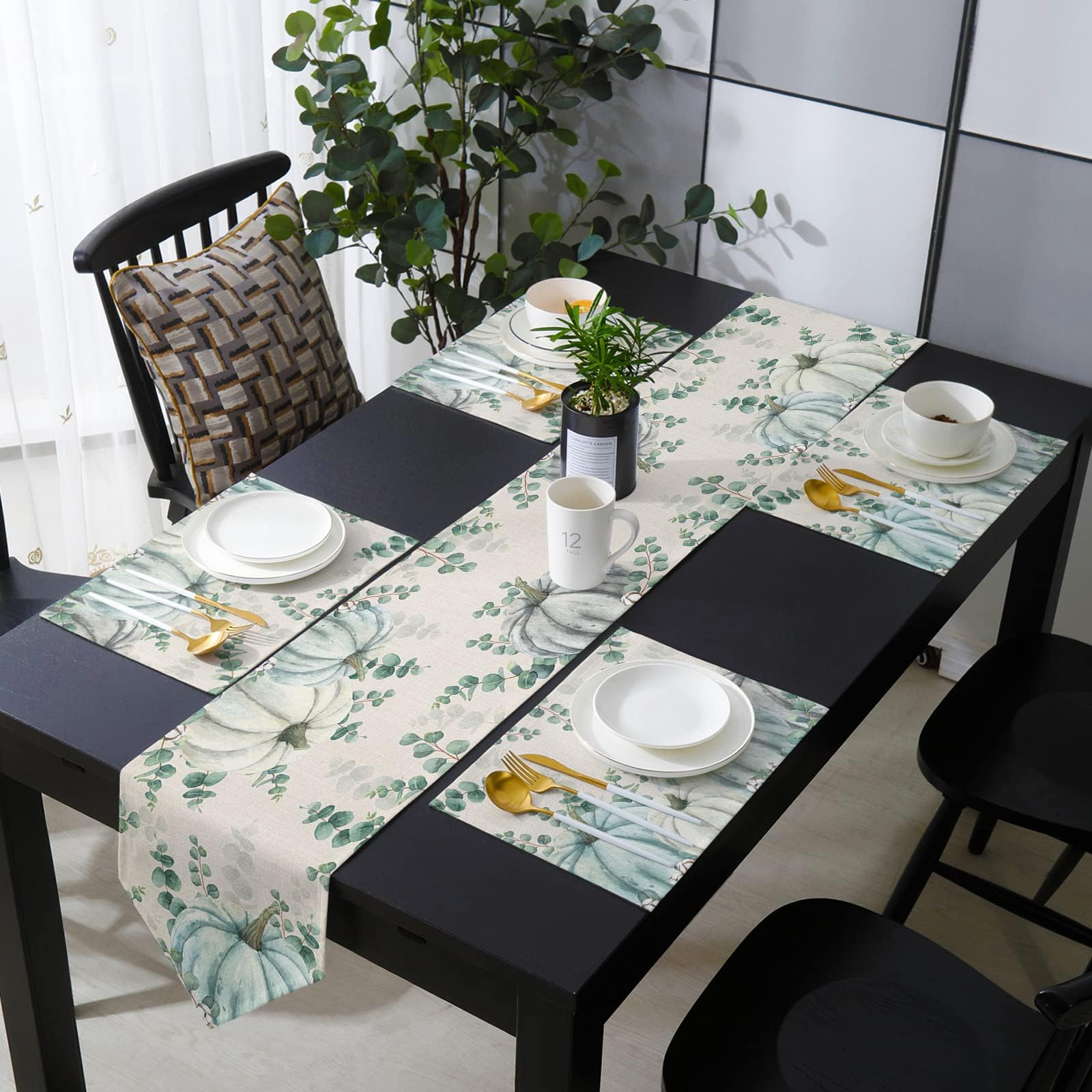 Aomike Fall Pumpkin Placemats and Table Runner 13 x 70 inch Set for Dining Table Eucalyptus Leaves Pumpkin Patch Placemats Set of 6 and Runner for Farmhouse, Events, Indoor and Outdoor Parties