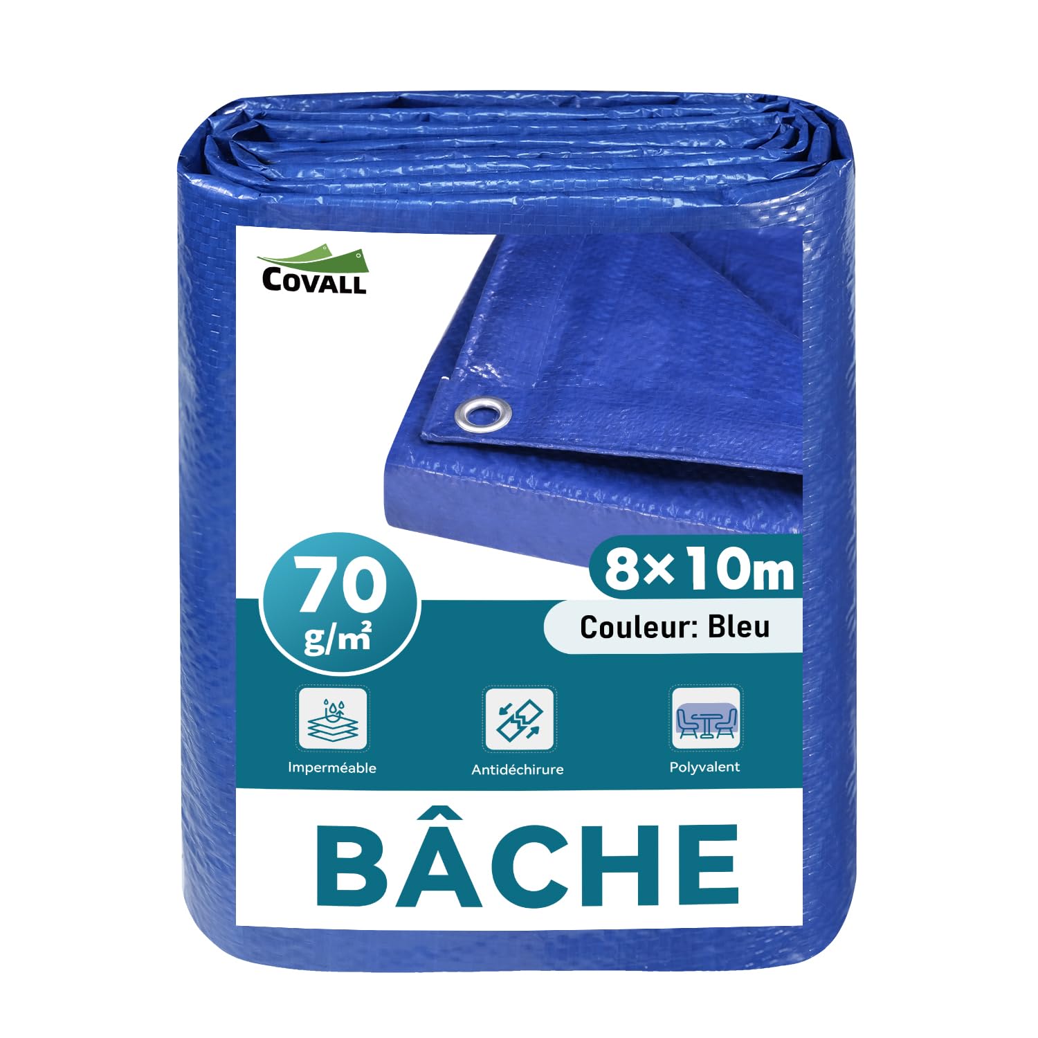 Bâche de Protection Extérieure Bleu – 8 x 10 m, 70 g/m² – Imperméable avec Œillets – pour Jardin, Camping, Bois