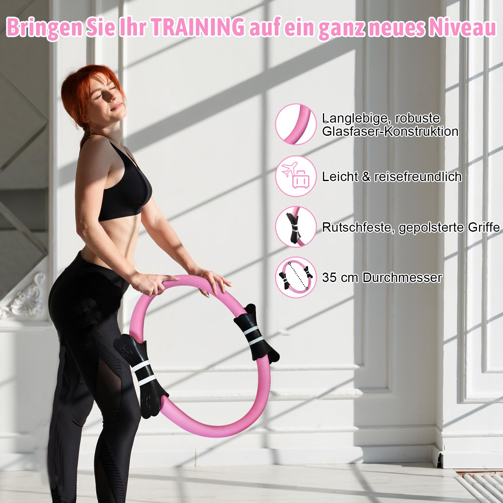 Pilates-Ring-Set–14 inch Magic Circle inkl.Miniball,Widerstandsbändern,Anleitung & Tasche | Komplett-Set für effektives Training zu Hause