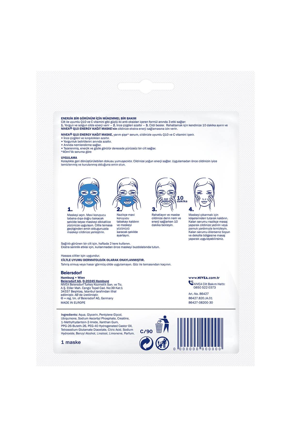 NIVEA Q10 Energy Kağıt Yüz Maskesi 1 Adet,Kırışıklık Karşıtı İnce Çizgiler,Nemlendirici,Anti-Oksidan,C Vitamini
