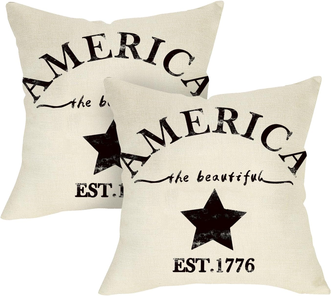 4th of July Star Decorative Throw Pillow Covers 18 x 18 Set of 2, Patriotic America The Beautiful Est. 1776 Porch Outdoor Home Decor, American USA Farmhouse Couch Cushion Case