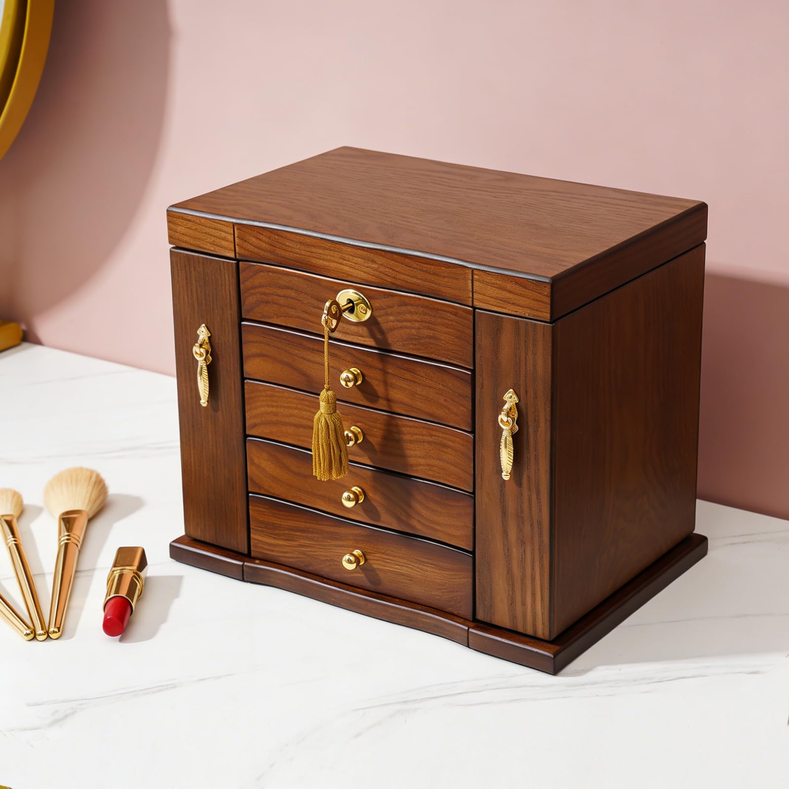 5 Schichten Schmuckkasten Holzschmuckbox mit Spiegel Schmuckschatulle Schmuckaufbewahrung Schachtel Abschließbar Aufbewahrungsbox Holz Schmuckkoffer für Ohrringe, Halsketten, Armbänder, Ringen