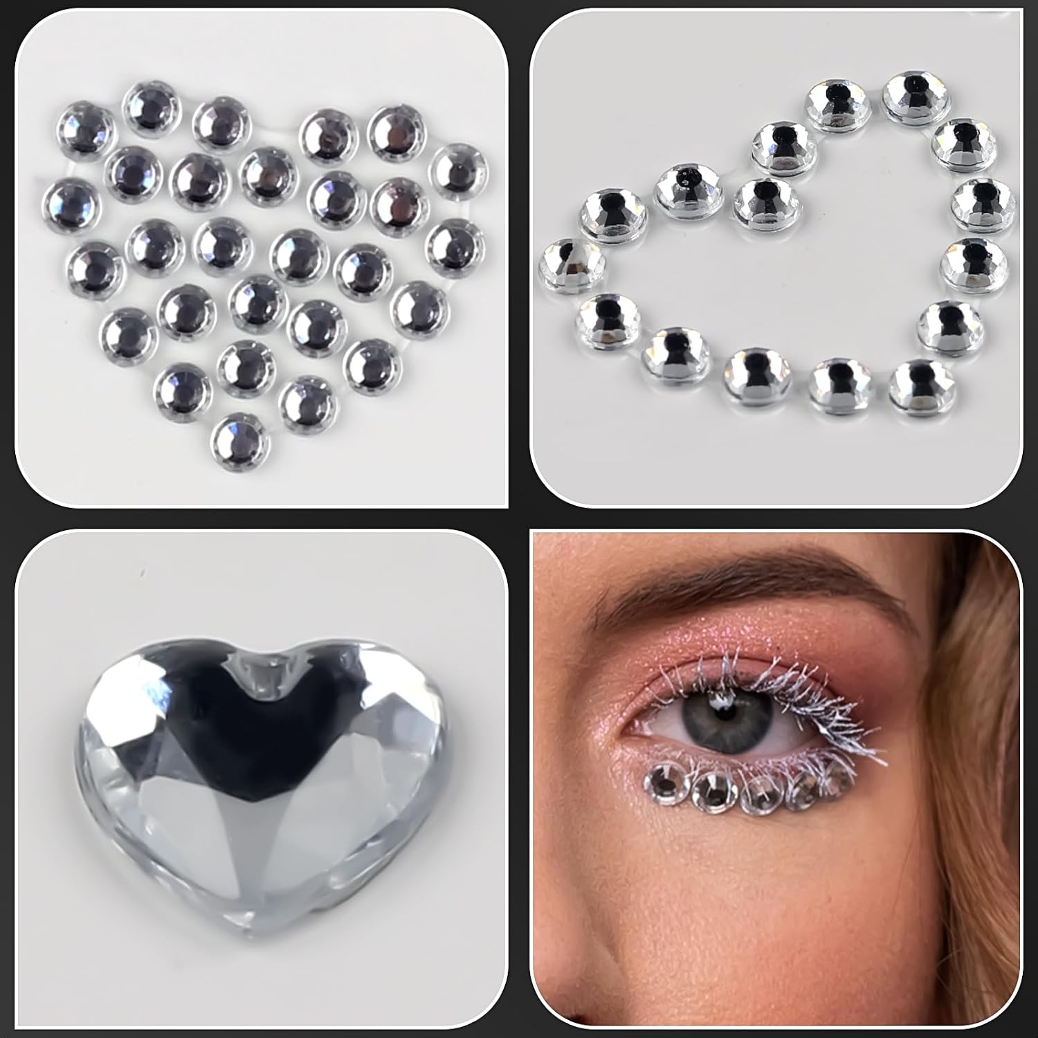 Self Adhesive Face Gems Stickers, Face Eye Jewels Rhinestones Festival Essentials Rave Accessories Rhinestone Stickers for Face, Eye, Hair Makeup Stickers for Kids, Women (3sheets-heart-white) image 5