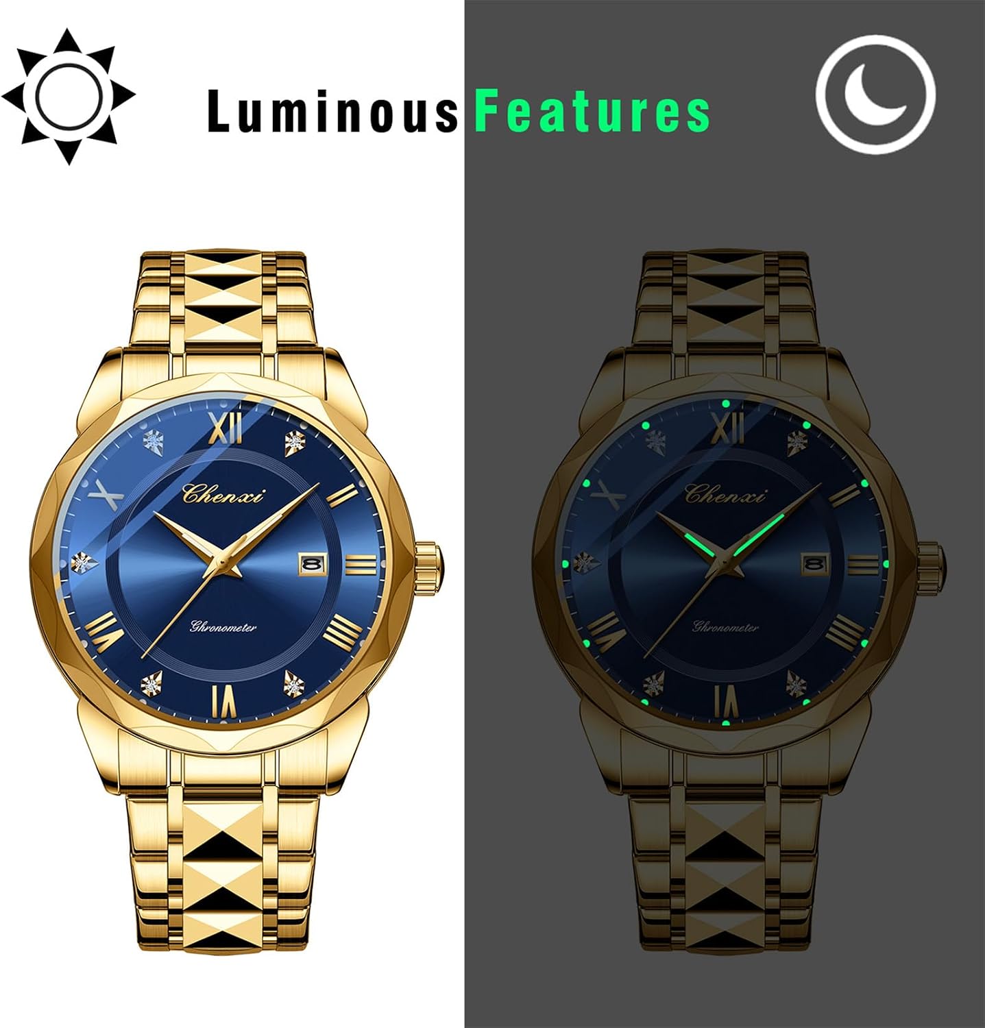 JewelryWe Dress Watches for Men: Quartz Analog Detachable Stainless Steel Band 3 ATM Waterproof Calendar Luminous Hands Business Casual Wristwatch