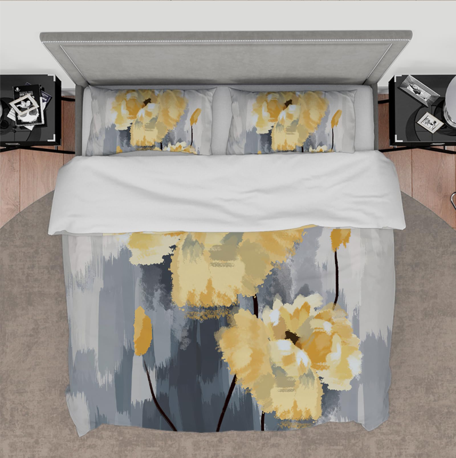 Luxury Duvet Cover Yellow Flower Duvet Quilt Cover Gray Gradient Spring Floral Bedding Set for Kids' Duvet Cover with 2 Pillow Cases 120x200cm