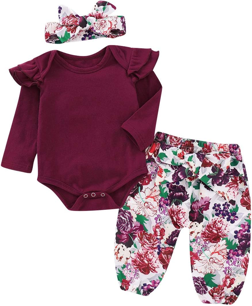 Infant Baby Girl Clothes Long Sleeve Romper + Floral Long Pants + Headband 3PCS Toddler Girl Outfits Set