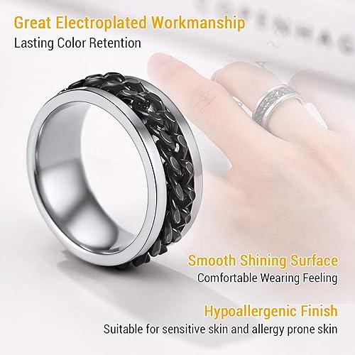 Miniatura 2 de PROSTEEL Anillo giratorio para hombre, anillos para ansiedad, cadena de eslabones cubanos giratoria de 0.315 in, anillo grueso, tamaño 6-14, grabado