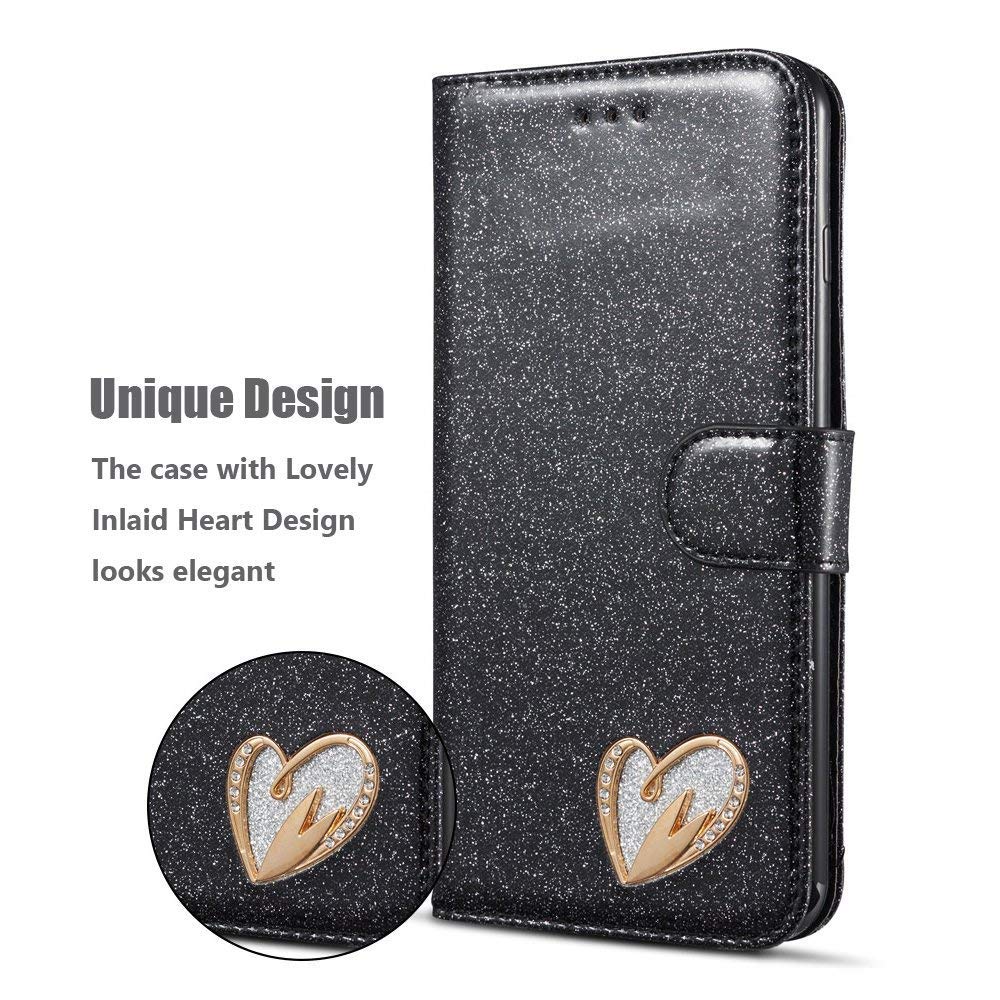 DN-Technology iPhone SE Case (3rd Gen 2022) iPhone SE 2020 Case iPhone SE 3 Phone Case Heart Diamond Designer Leather Wallet For Women Phone Cover for iPhone SE 3 2022/SE 2020/8/7 (BLACK)