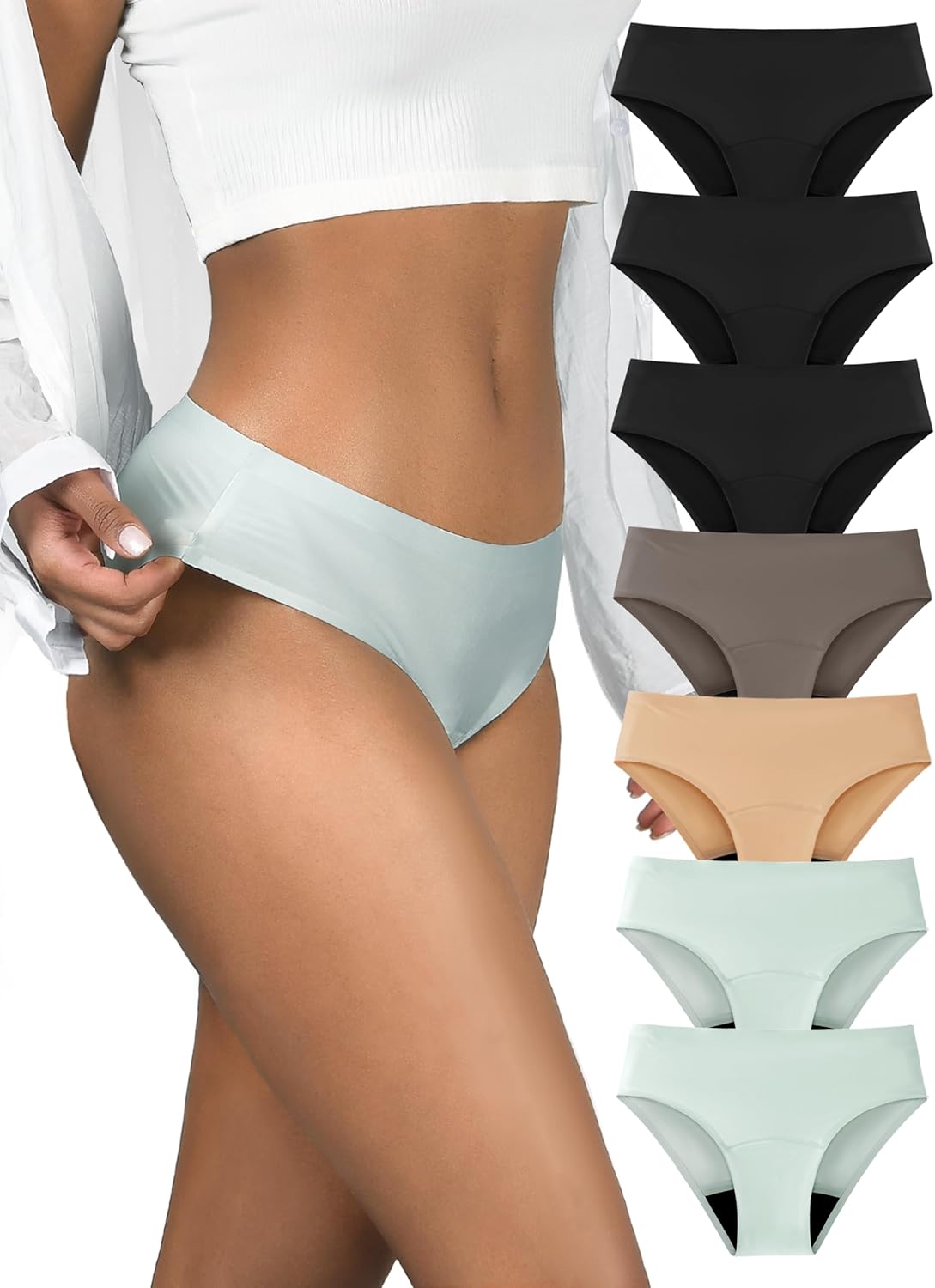 TIICHOO Period Underwear for Women Heavy Flow Seamless Period Bikini Panties Leakproof Underwear 7 Pack Medium 3 Black/2 Smoke Green/1 Brown/1 Beige