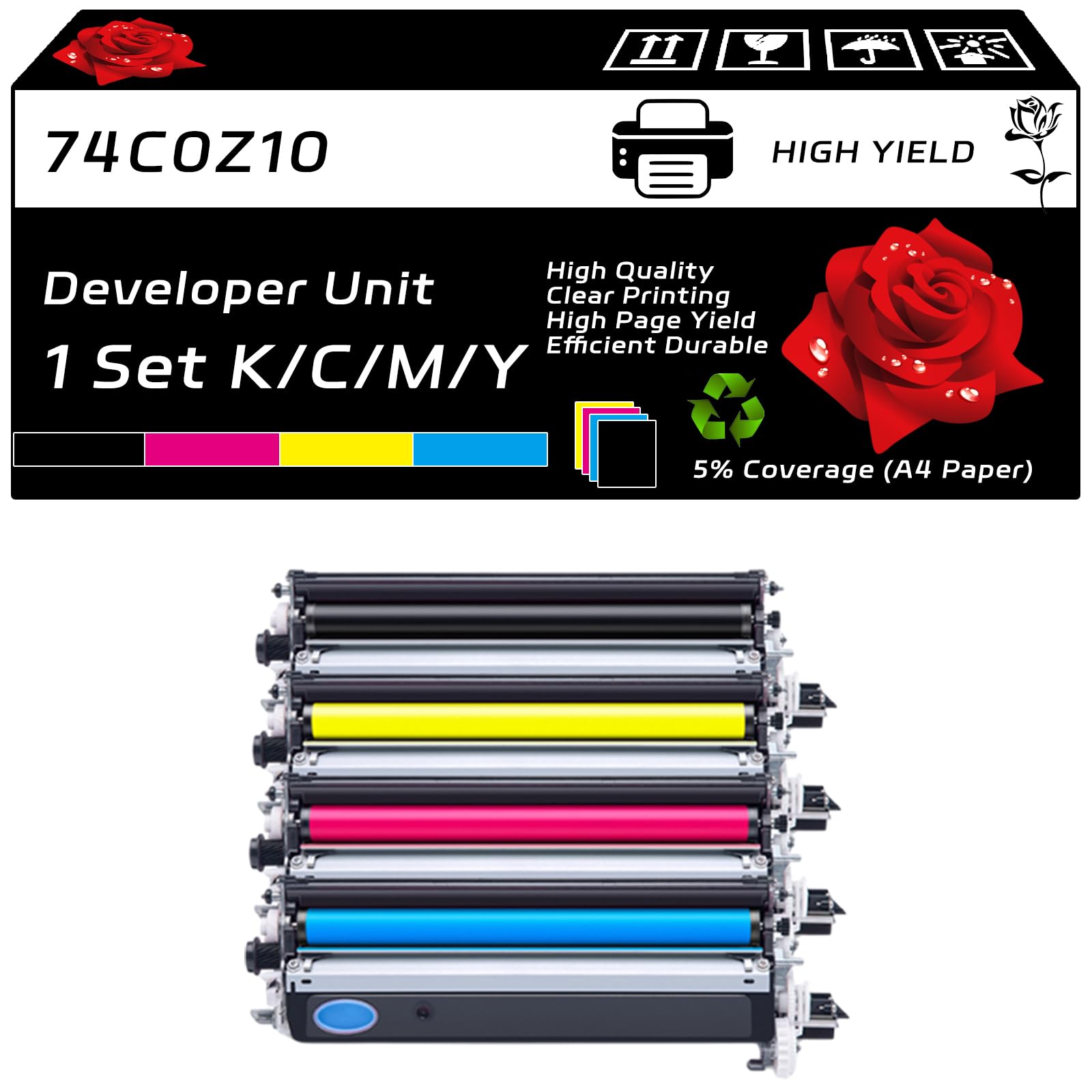 74C0Z10 Developer Unit Compatible for Lexmark C4150 CS720de CS720dte CS725de CS725dte CX725de CX725dhe CX725dthe XC4140 Printers, with Chip, High Yield 250000 Pages, Clear Printing (4-Pack BK/C/M/Y)