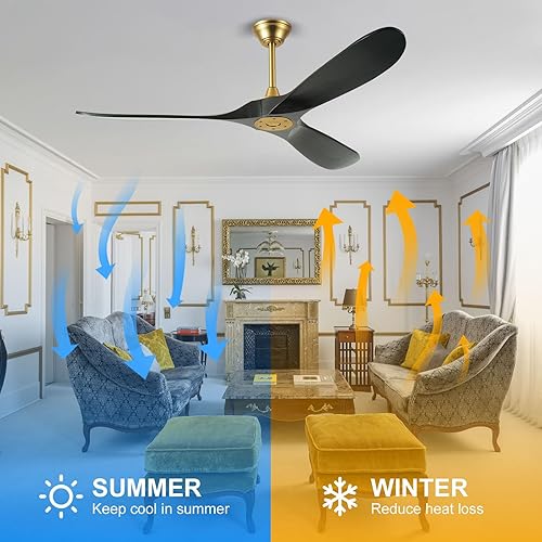 Miniatura 5 de YZEENM 52 Inch Black and Gold Ceiling Fan with Wall Control Switch and Remote Control, Modern Outdoor Ceiling Fans No Lights, 3 Blade Wood Propeller