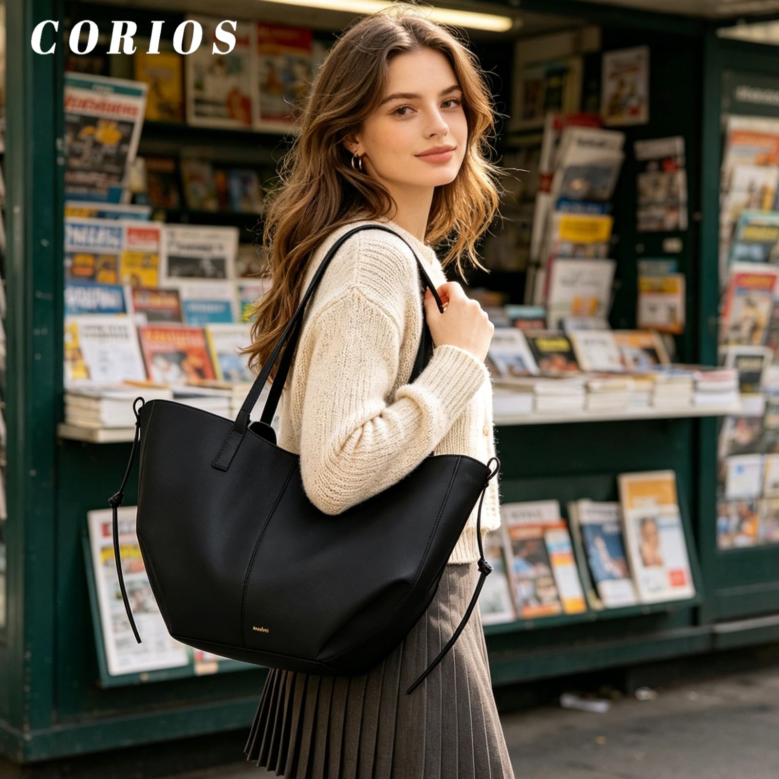 Sac à Main pour Femme Sac Seau en Forme de Croissant de Style PU Cuir Sac Portés Épaule Grande Sacs Cabas Hobo Sac Fourre Tout 2pcs pour Travail Achats Voyage Noir L