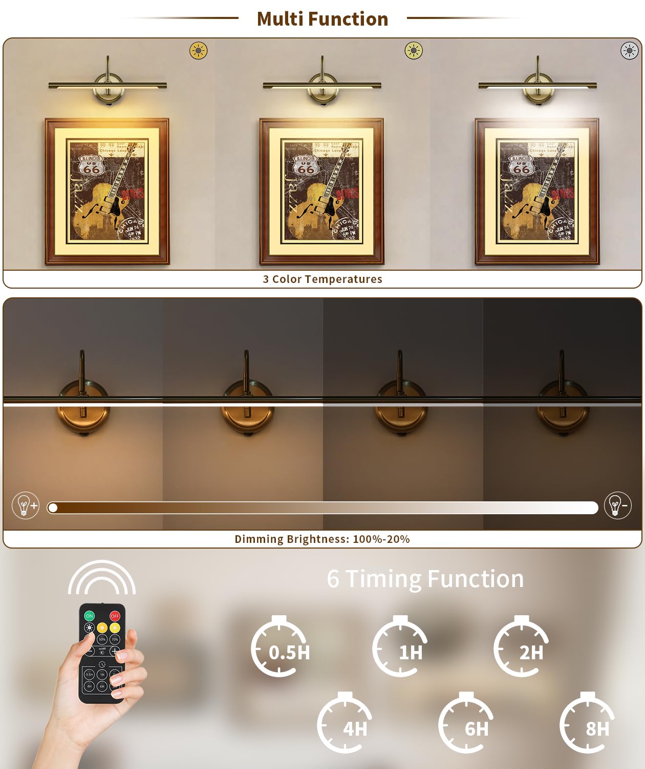 JOOSENLUX Battery Operated Picture Light Gold - Modern Wireless Picture Lights for Wall Dimmable 16.5inch Under Cabinet and Swing Arm for Canvas Sconce 3000K CRI95