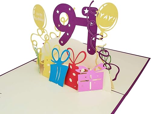 Miniatura 4 de iGifts And Cards Tarjeta de felicitación emergente 3D de feliz cumpleaños 91 con regalos - Noventa y uno, increíble, globos, regalo único,