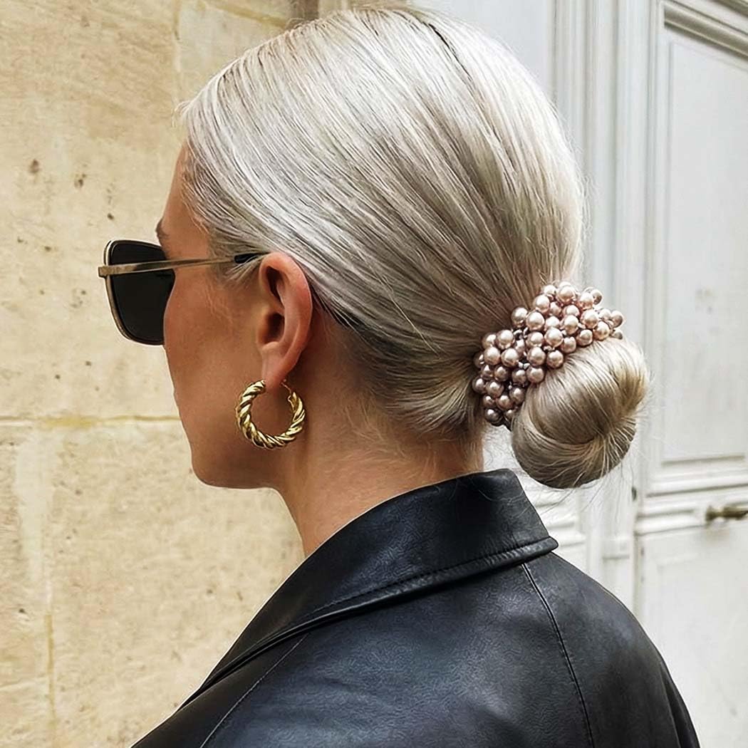 Fashey Coleteros elásticos para el pelo con perlas y cuentas azules, 3 piezas, accesorios elásticos para el cabello para mujer