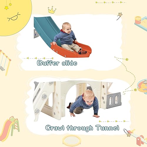 Miniatura 4 de Merax Tobogán 7 en 1 para niños con escalador, aro de baloncesto, túnel, telescopio y espacio de almacenamiento, tobogán interior al aire libre para